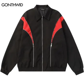 Мъже Реколта спортно яке хип-хоп пачуърк цип ретро палта 2024 Harajuku американски стил хлабав якета Streetwear черен червен