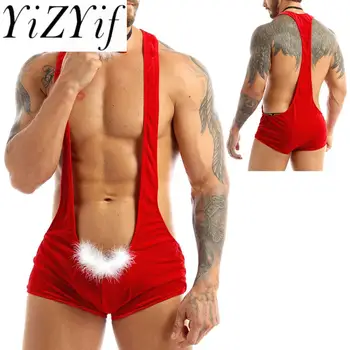 Мъже Червено меко кадифе Коледно бельо Santa Cosplay Fancy Costume Singlet Секси Mankini боксер с папийонка мъжки коледни долни гащи