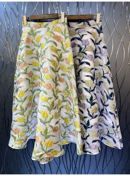 Нов 2023 пролетен стил поли високо качество дами реколта жакард флорални щампи голям люлка случайни жълт лилаво макси поли клуб