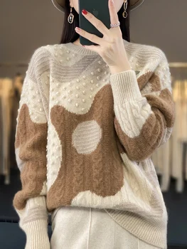 Нов шик жени зимен пуловер дебел реколта пуловер 100% мериносова вълна O-образно деколте обрат цвете кашмир трикотаж корейски модни върхове