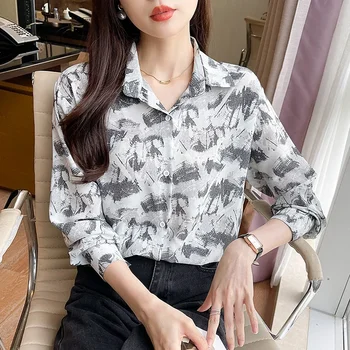 Нова дамска блуза шифон пролет/есен случайни мода простота върховете печат дълъг ръкав ревера яка риза