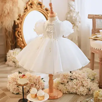 Нова детска принцеса вечерна рокля перли лък бутер ръкав дизайн рожден ден кръщение парти Великден Eid рокли за момичета A2845
