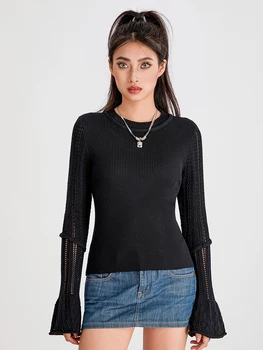 Нова мода жени дълъг ръкав плета върховете плътен цвят основен риза случайни пуловер за есен клуб улично облекло естетически дрехи