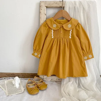 Нова пролет и есен бебета детска рокля за момичета бродирани Питър Пан врата дълъг ръкав хлабав сладък рокля