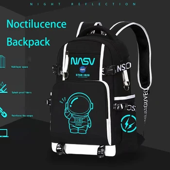 Нощна флуоресцентна студентска ученическа чанта Spaceman Print USB зареждане с голям капацитет Водоустойчиви детски раници многофункционални чанти
