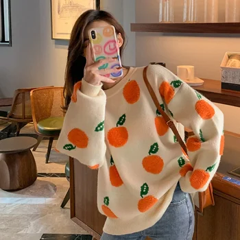 Оранжев пуловер сладък пуловер 2021 есен тенденция Sweety жени пуловер плодове оранжев модел зимен пуловер жени Kawaii хлабав