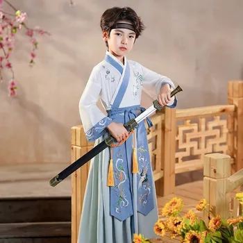Оригинален човек Ханфу Древен китайски стил костюм дрехи традиционен син кран бродерия ханфу
