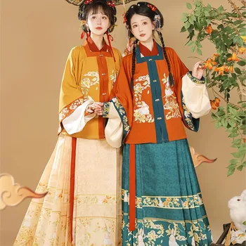 Оригинална ханфу рокля жени китайски стил квадратна яка яке есен зима студент плисирана минг кон лицето пола ханфу костюм