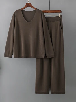 панталони комплекти твърди V врата мода нови две парче хлабав плюс размер съвпадение комплекти висока талия панталон случайни пуловер дамски пижами комплект