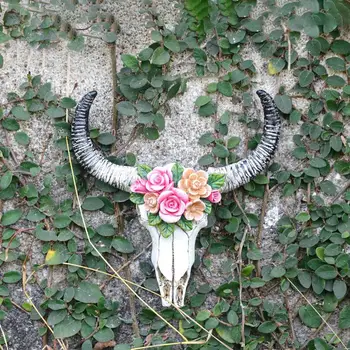 Ретро животински череп скулптура цвете крава череп стена декорация 3D животински скулптура изкуствена животно крава череп декорация доставки