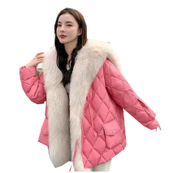 Розов аргайл зимна корейска версия нова имитация лисица кожа яка надолу подплатено яке женска имитация кожено палто топло средно дълго