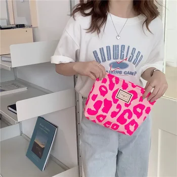 Розов леопард печат Дамска козметична чанта ретро цвете дами малък съединител чанта пътуване чанти ученическа молив чанти