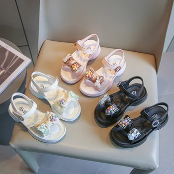 Сандали за момичета Детска мода Зайче с отворени пръсти Сладък Bird Check Bow 2023 Летни нови ежедневни обувки за сватбено тържество