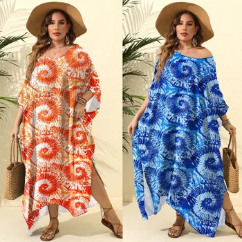 Свободна кафтанова роба за летни плажни тоалети Boho Print Sundress High Split Orange Bohemian Blusas Womens 2023 Бански костюми 10 цвята