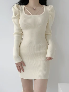 Секси плетени Bodycon къси рокли за жени Елегантна пуловер рокля есен зима мода бутер дълъг ръкав тънък парти рокли