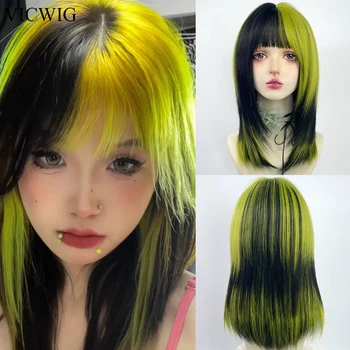 синтетичен къс черен зелен черен лилав микс жени прави перуки с бретон естествена перука за коса Lolita Cosplay за ежедневно парти