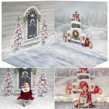 Сняг на открито деца рожден ден фон фотография зима замразени коледно дърво портрет фон снежинка врата подаръци кола