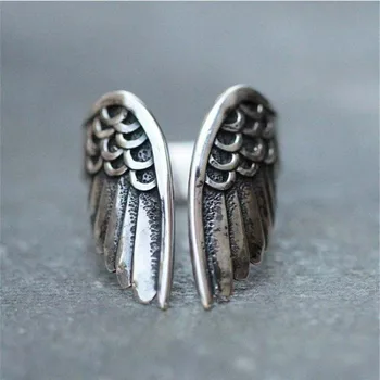 Сребърен цвят пръстени мода хип-хоп реколта двойки творчески черен ангел крила дизайн тайландски сребърен парти бижута рожден ден подаръци