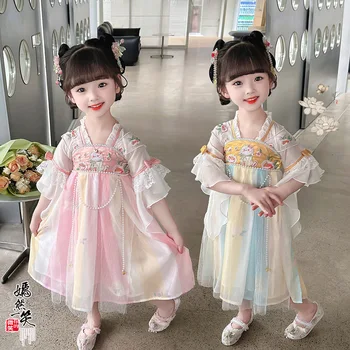 Супер фея ханфу деца деца костюм момичета китайски древна бродерия рокля Tang костюм принцеса китайски стил сценично облекло