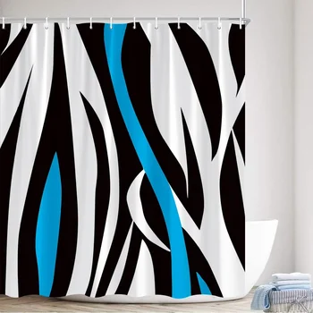 Творчески геометрични завеси за душ Сини черни бели ивици Абстрактен дизайн Модерен прост скандинавски декор за баня Комплект завеси за баня