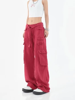 Улично облекло Y2k Дамски ретро розов червен гащеризон дънки мода нов стил дамски панталони секси ниска талия хлабав ежедневни панталони