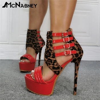червен леопард печат сандали лачена кожа платформа обувки кръг пръсти шило супер високи токчета ключалката каишка цип обувки секси стил