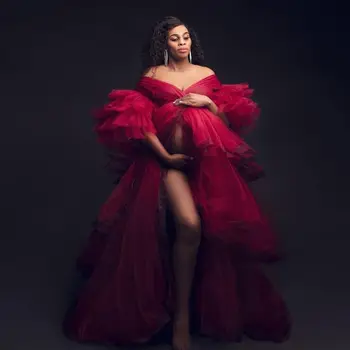 Червен плюс размер абитуриентски рокли за бременни жени къдри вечерна рокля от рамото тюл фотосесия майчинство обличане