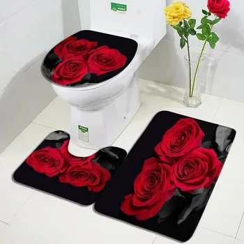 Червена роза Мат за баня Комплект рустикални растения Природа Цветя Черен модерен домашен етаж килим баня декор неплъзгащ килим