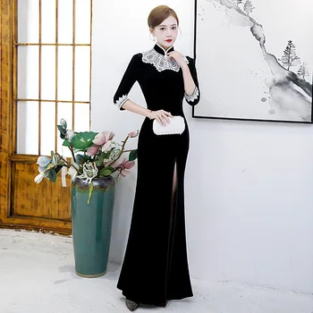 Черна русалка кадифе Qipao китайска рокля сватба Cheongsam парти рокли Китай плюс размер дамско облекло vestidos formales