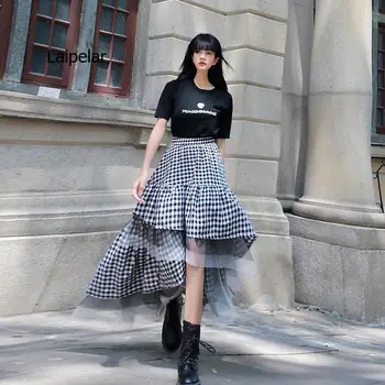 Черно-бяла карирана пола от тюл жени нередовни пластове поли 2021 лятна мода Корейско дамско облекло