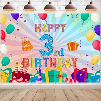 Честит 3-ти рожден ден цветен банер фон дъга цвят изкуство 3 години фон за момичета момчета фотография парти декорация