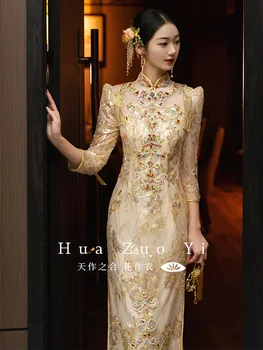шампанско Qipao китайски брак булка мъниста пискюл вечерна рокля тост облекло бродерия сватбена рокля китайская одежда