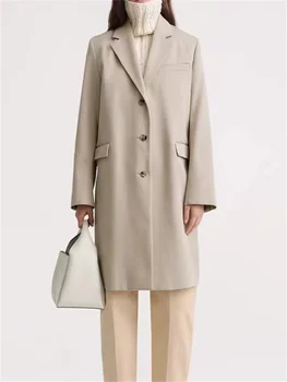 Яке за жени 2023 Нов памук смесени завой надолу яка еднореден плътен цвят Commuter дълъг ръкав палто