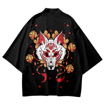 Японска лисица Улично облекло Лятно облекло Аниме печат Традиционно кимоно Мъже Жени Юката Жилетка Черно Cosplay Haori Плюс размер