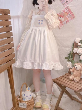 японски сладък мек момичешки Лолита стил прашка деца дамски рокли карикатура бродерия голям лък разрошени спагети каишка рокля